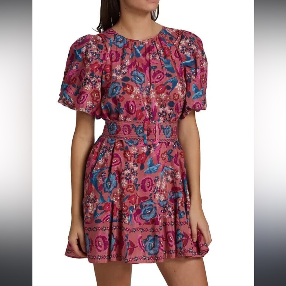 FARM RIO Pink Blush Floral Birds Short Puff Sleeve Belted Mini A-Line Dress XXS